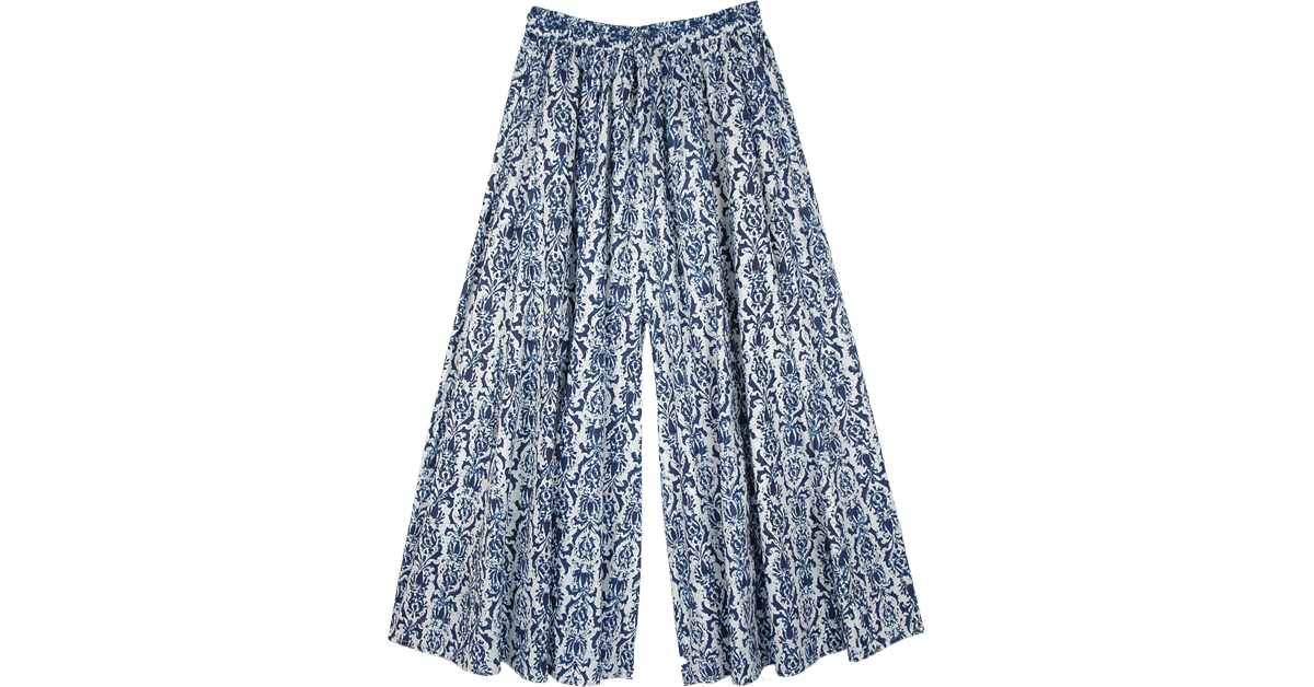 Cotton Printed White and Blue Palazzo Pants with Pocket | Blue | Split ...