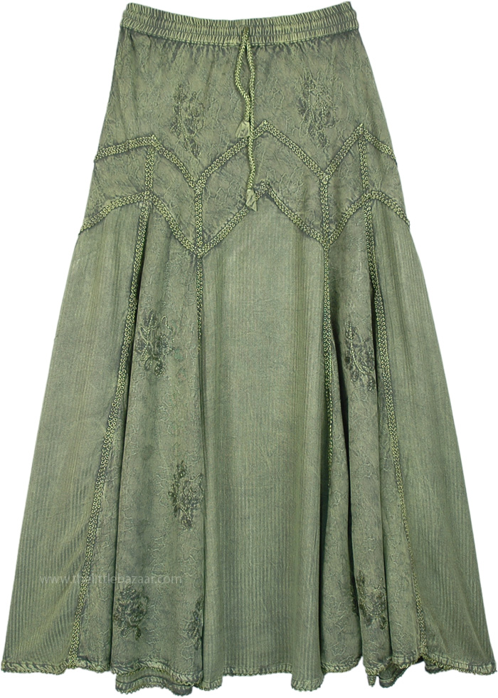 Green Renaissance Skirt with Embroidery, Sage Green Skirt Ankle Length with Embroidery