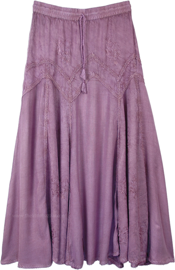 Lilac Renaissance Long Skirt with Embroidery, Stonewashed Lilac Rodeo Western Style Long Skirt
