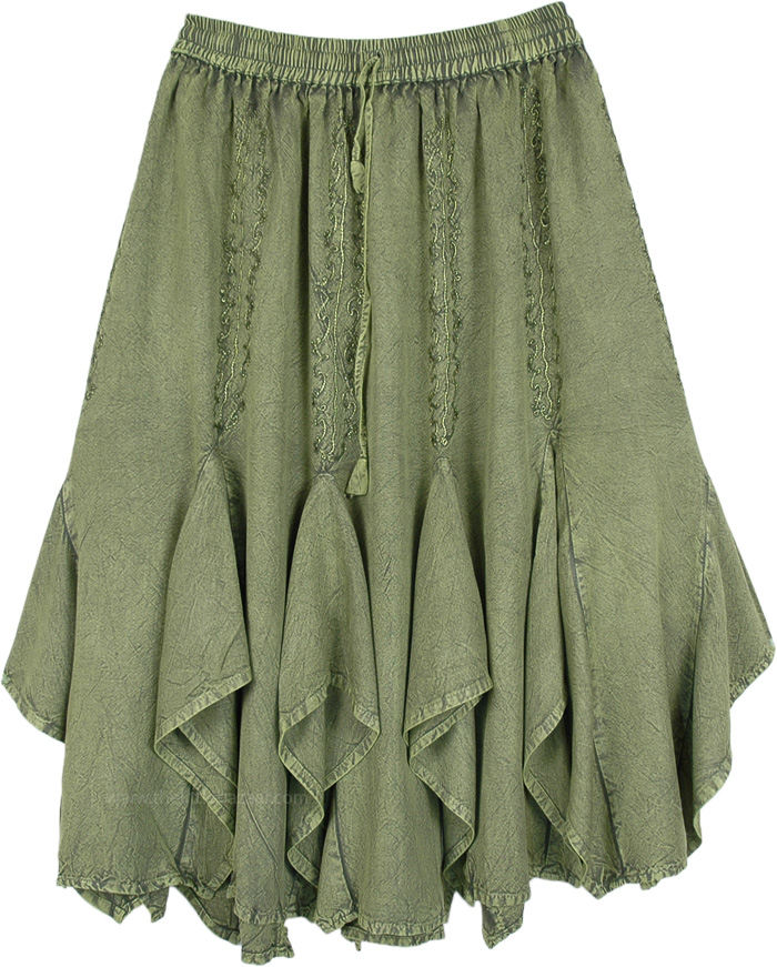 Stonewashed Olive Green Skirt with Embroidery, Olive Green Mid Length Western and Gored Skirt