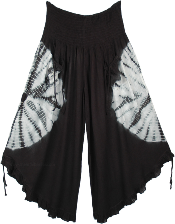 Flared Hem Tie Dye Calf Length Culotte Pants, Black Tie Dye Crop Pants with Adjustable Wide Legs
