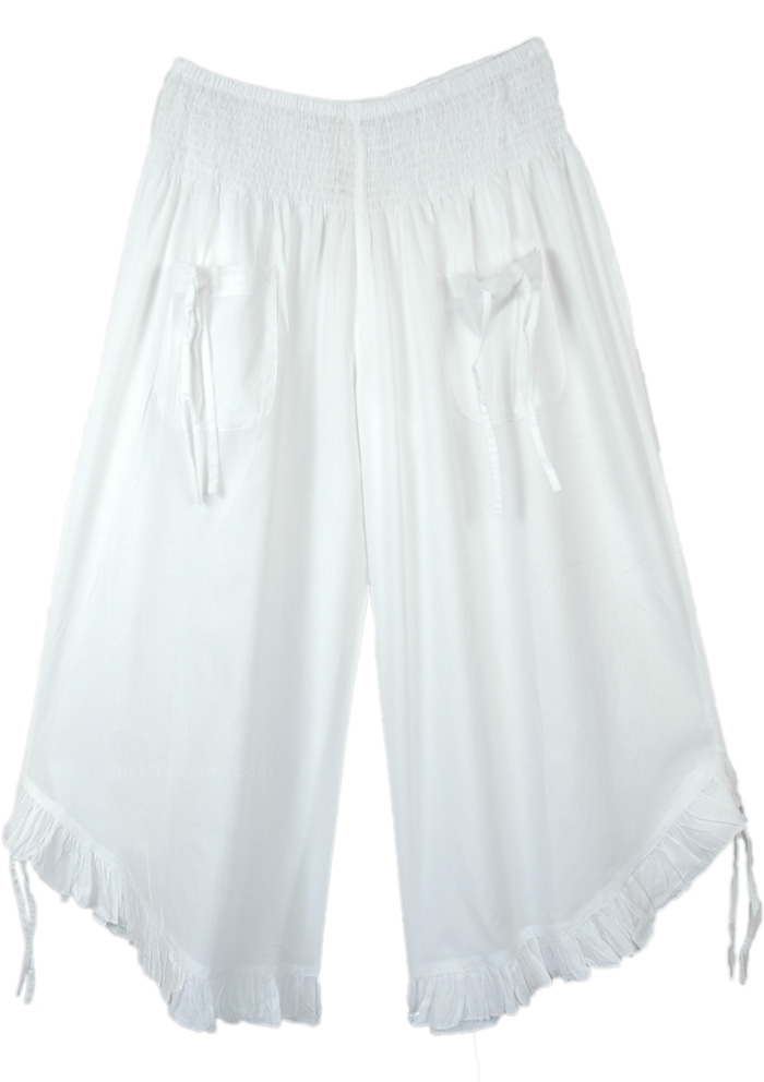 Flared Hem Tie Dye Calf Length Culotte Pants, Pure White Summer Pants with Adjustable Wide Legs