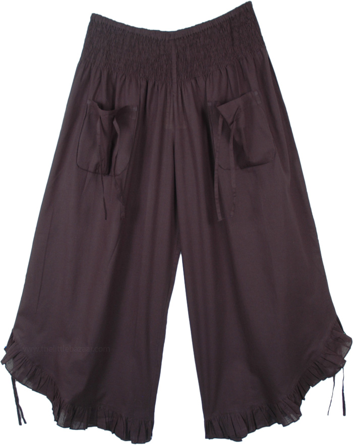 Flared Hem Capri Length Culotte Pants, Black Cotton Capri Pants with Adjustable Wide Legs