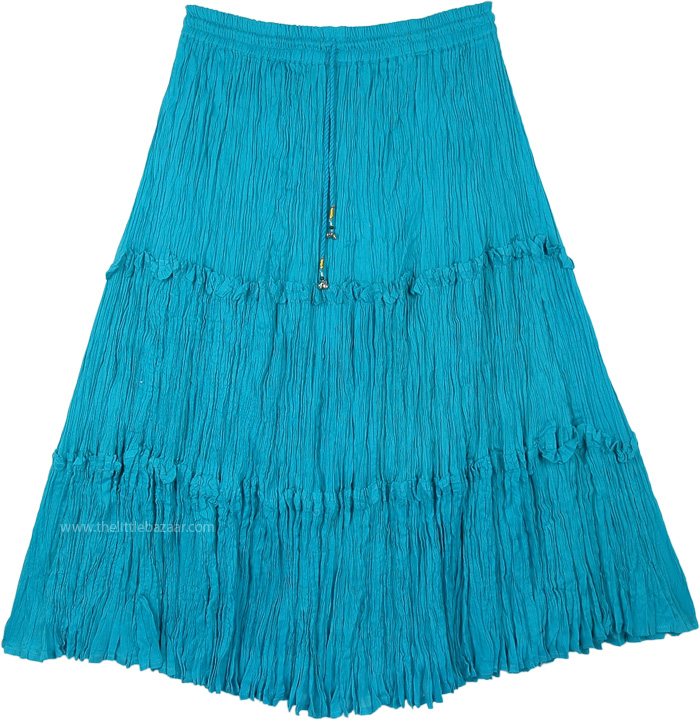 Tiered Full Circle Skirt in Cerulean Green Blue, Aqua Green Blue Mid Length Tiered Cotton Skirt