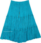 Aqua Green Blue Mid Length Tiered Cotton Skirt