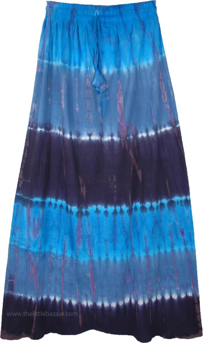 Three Blue Hues Tie Dye Long Summer Skirt