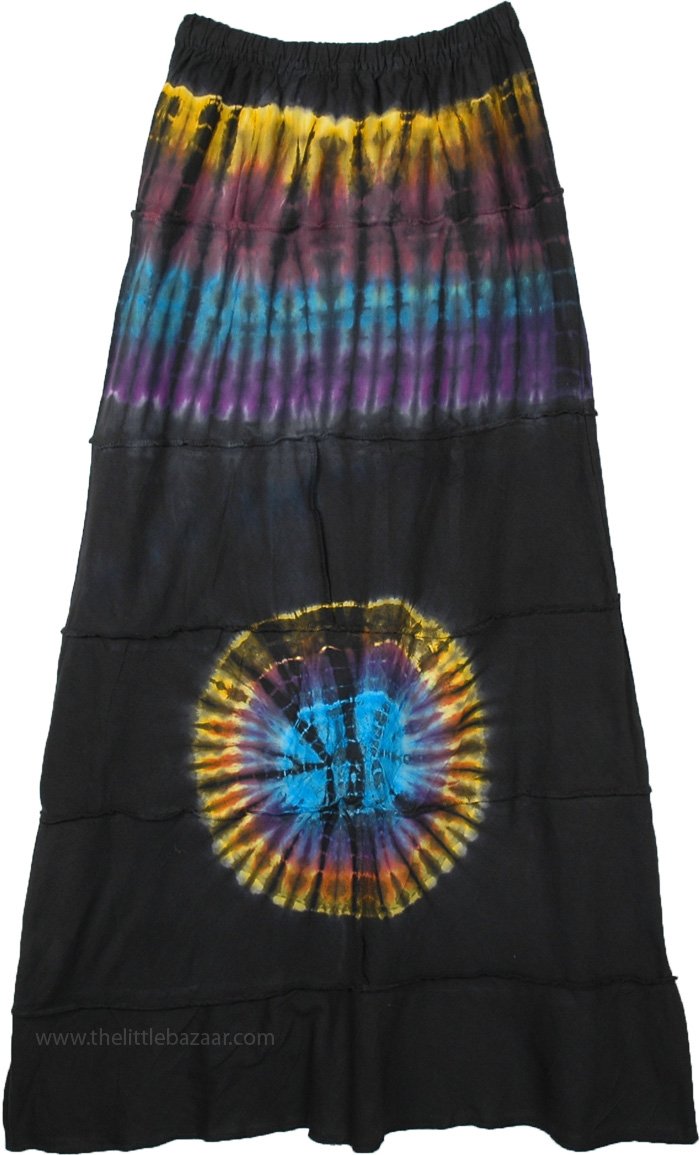Black Tie Dye Cotton Skirt with Hippie Colors | Black | Maxi-Skirt ...