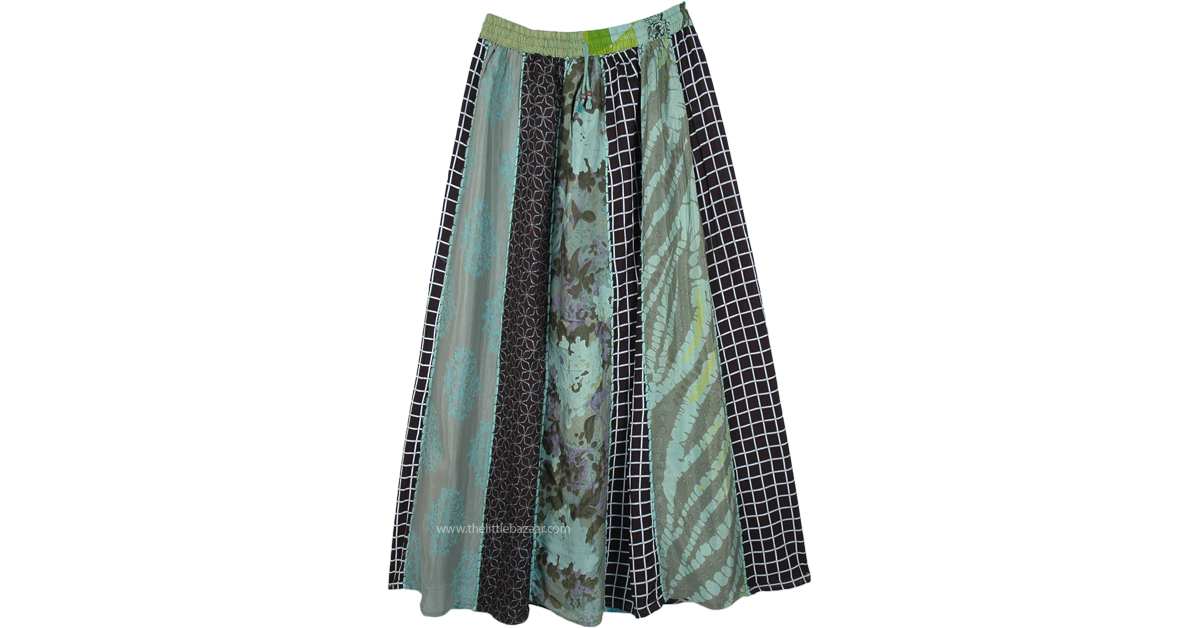 Sea Green Vertical Panels Patchwork Long Skirt | Blue | Patchwork, Maxi ...