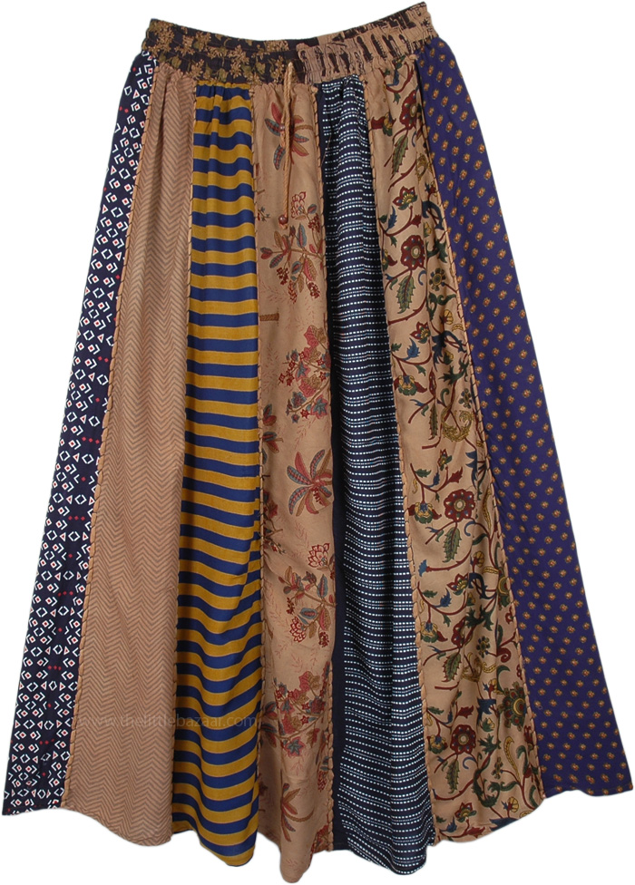 Brown and Blue Long Patchwork Boho Skirt, Boho Mixed Print Vertical Patchwork Long Skirt