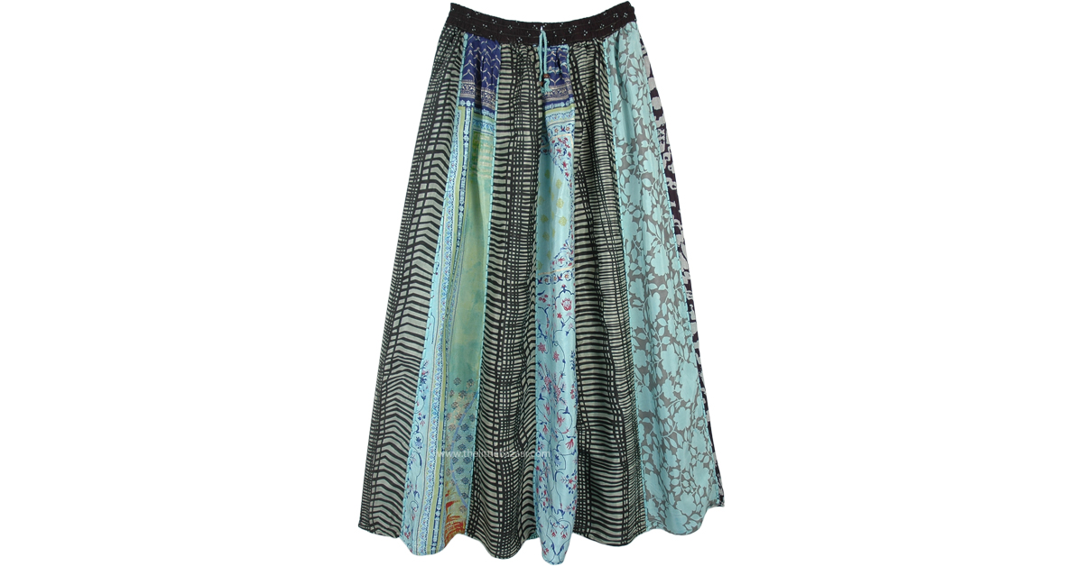 Blue Hues Summer Vertical Patchwork Boho Long Skirt | Blue | Patchwork ...