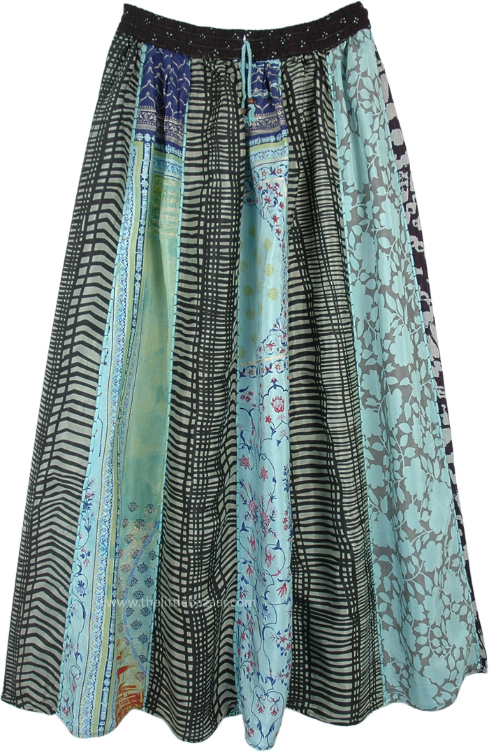 Blue Hues Summer Vertical Patchwork Boho Long Skirt