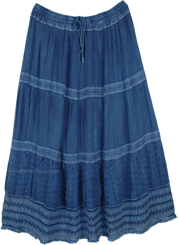Western Barn Dance Skirt in Indigo Blue, Cobalt Blue Tiered Rayon Long Maxi Western Skirt