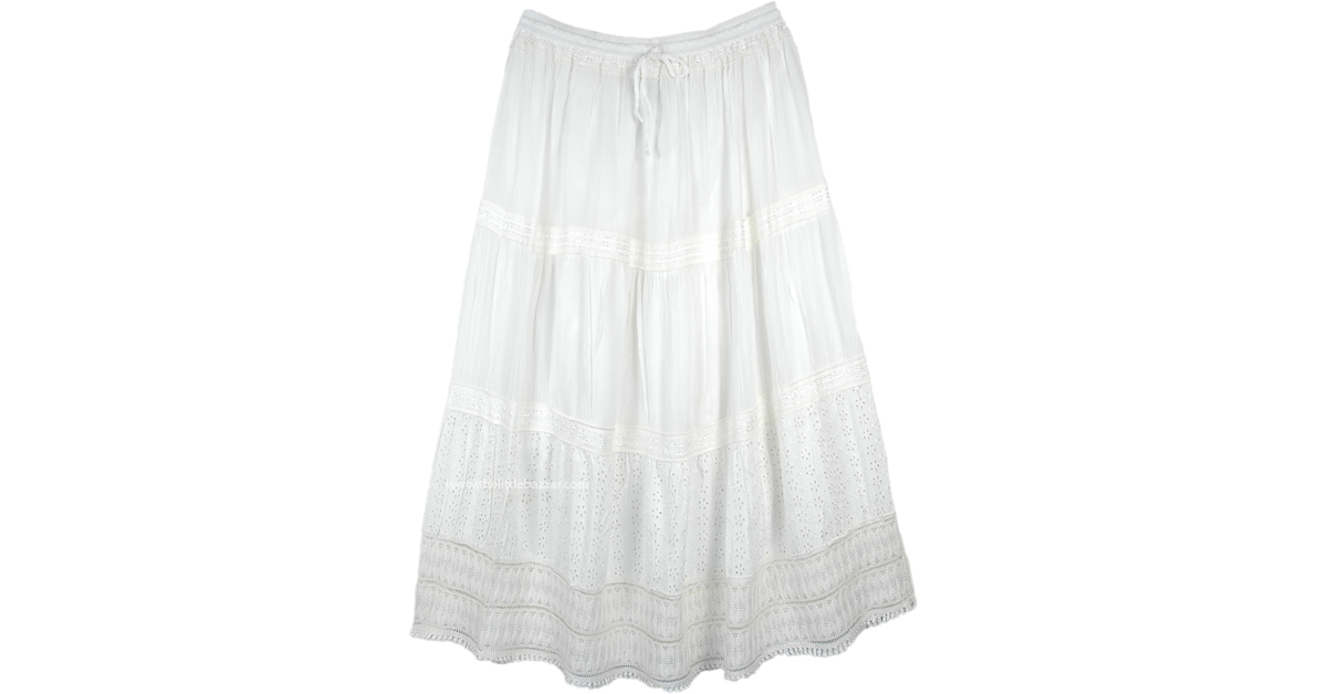 White Rayon Long Skirt with Crochet and Eyelet Fabric | White | XL-Plus ...