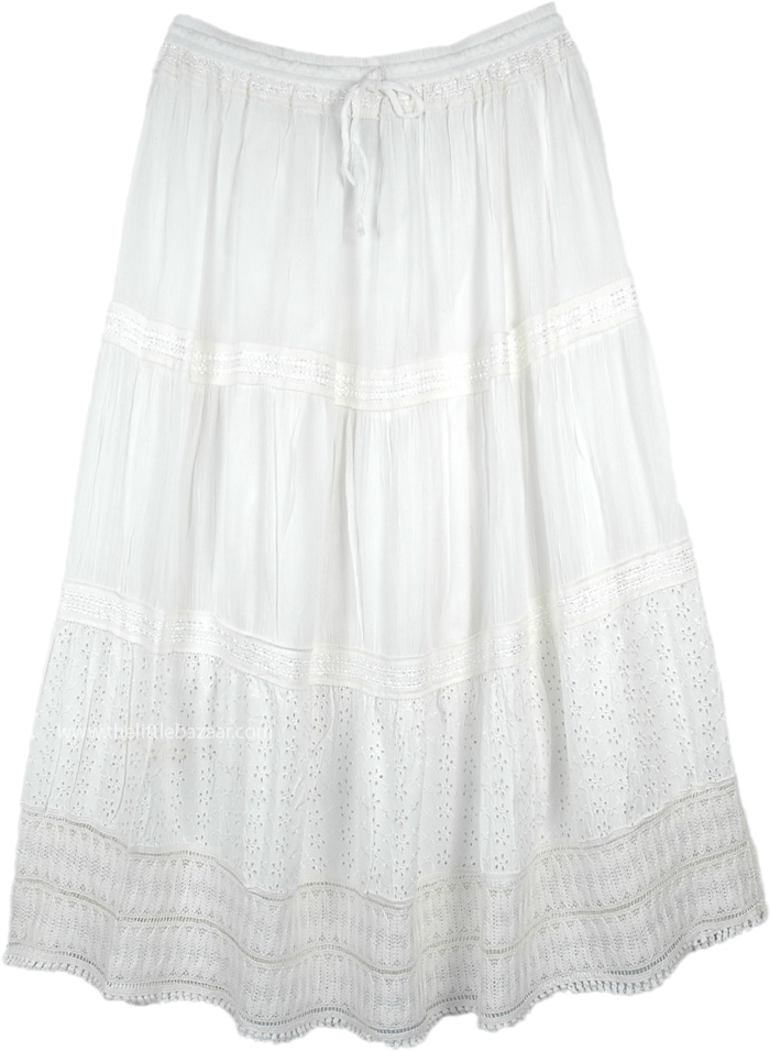 White Skirt with Crochet Work Details and Tiers, White Rayon Long Skirt with Crochet and Eyelet Fabric