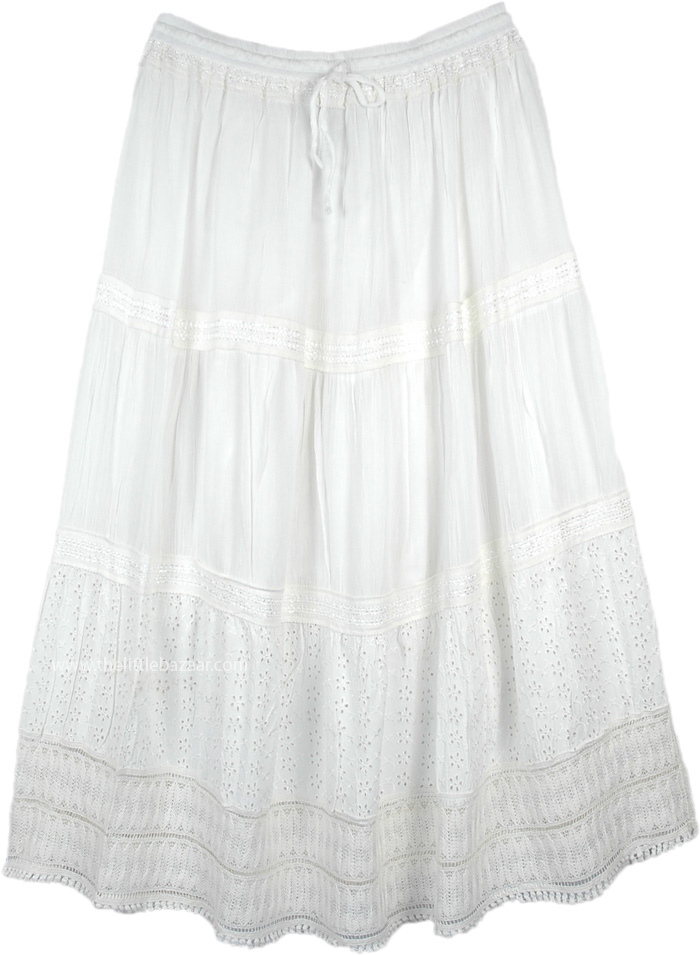 White Rayon Long Skirt with Crochet and Eyelet Fabric | White | XL-Plus ...