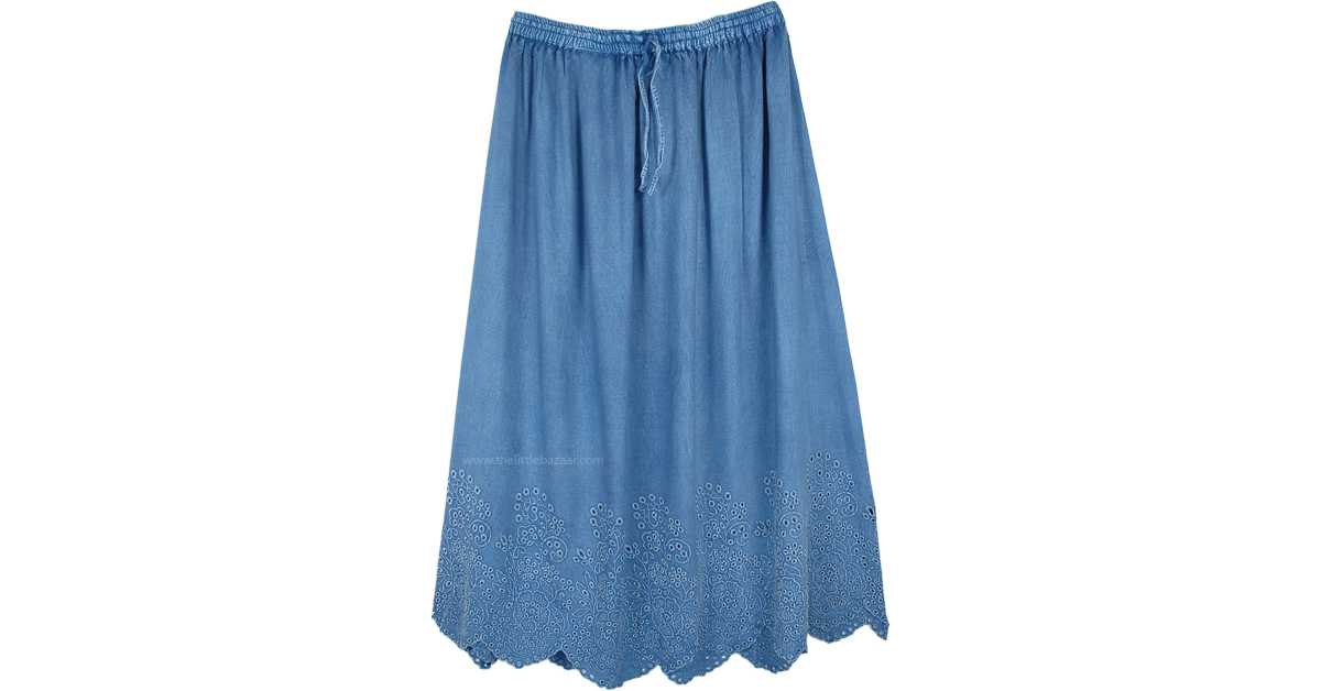 Light Blue Denim A-Line Skirt with Eyelet Bottom | Blue | Solid