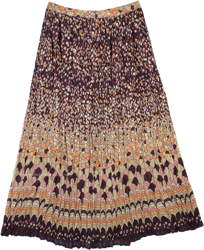 Casual Brown Cotton Skirt with Autumn Crinkle Print, Autumn Hues Crinkled Cotton Summer Skirt