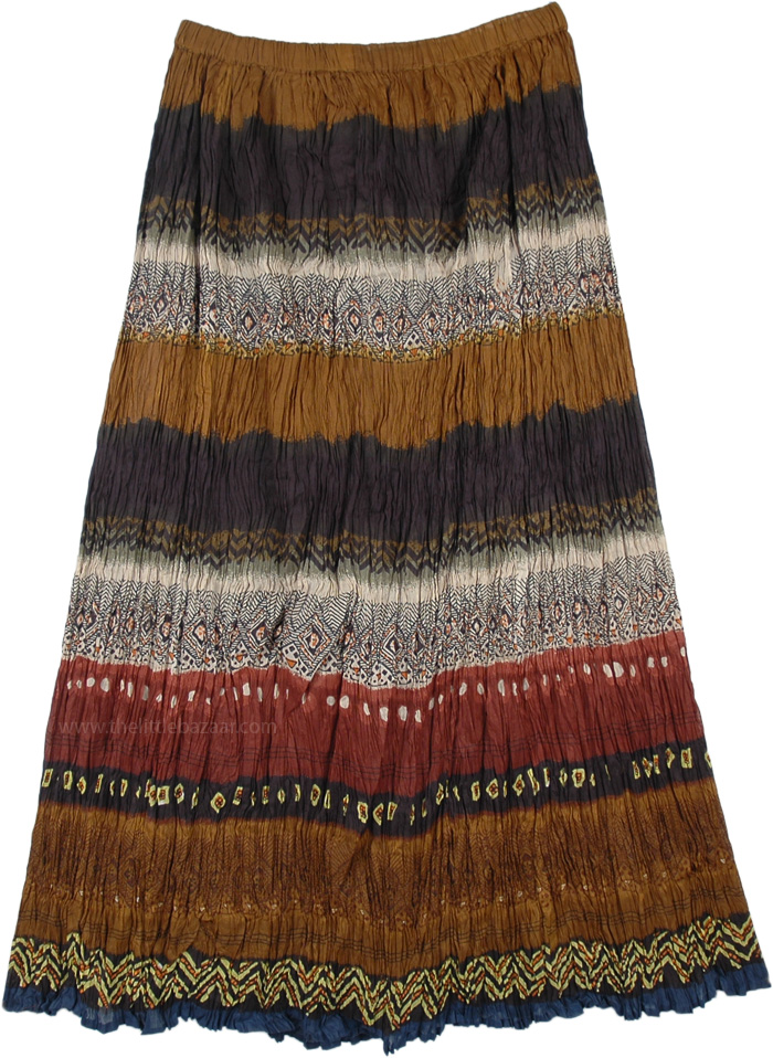 Casual Midi Cotton Skirt with Tribal Crinkle, Dark Tribe Crinkled Cotton Summer Skirt
