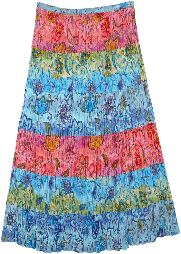 Malibu Beach Colorful Panels Cotton Skirt, Timeless Colors Crinkle Summer Cotton Long Skirt XL
