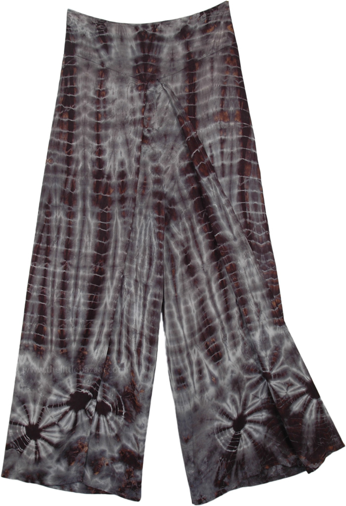 Smokey Tie Dye Print Wide Leg Rayon Pants, Grey Flame Tie Dye Front Slit Rayon Trousers