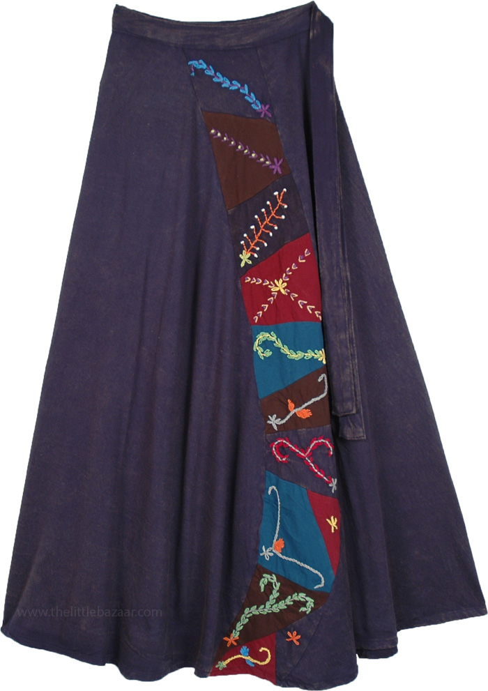 Stormy Skies Plus Size Wrap Around Skirt with Embroidery Panels, Plus Size Deep Blue Wrap Skirt with Embroidery Panels