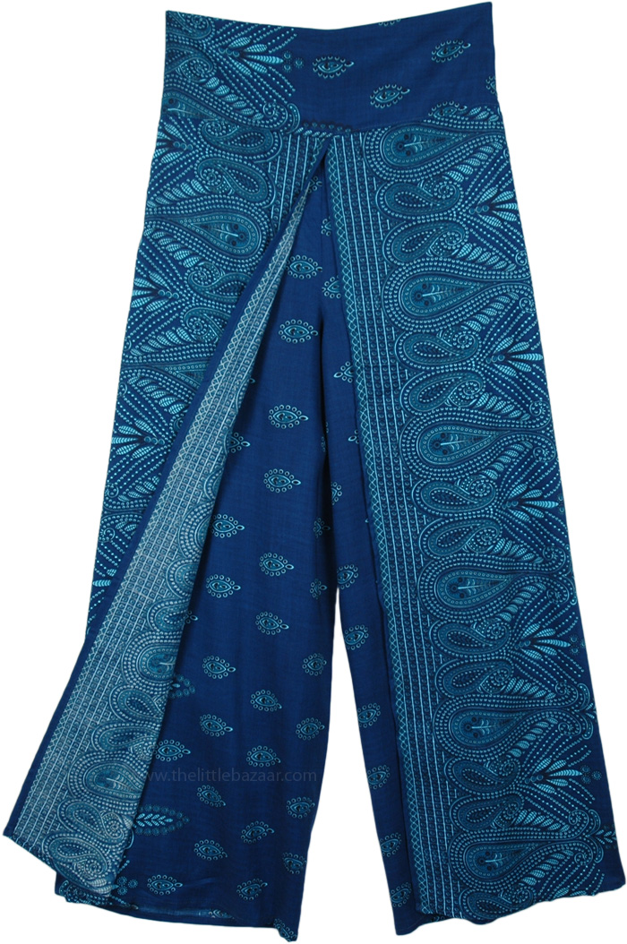 Summer Hippie Vacation Palazzo Pants in Teal Blue, Teal Blue Paisley Printed Front Slit Rayon Trousers
