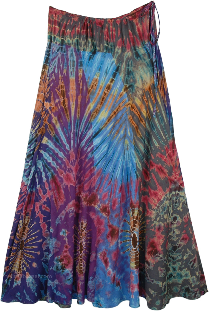 Patch Panels Multi Tie Dye Rayon Long Skirt, Multicolor Tie Dye Patchwork Flowy Soft Fabric Long Skirt