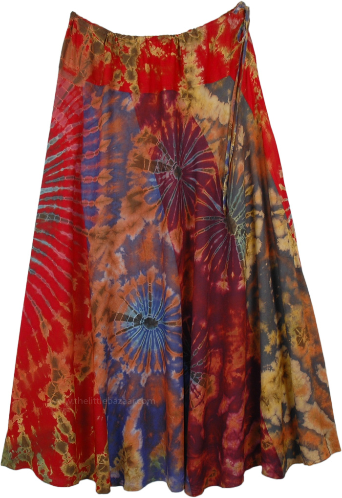 Vertical Patchwork Multicolored Rayon Long Skirt, Red Hues Tie Dye Patchwork Flowing Long Skirt