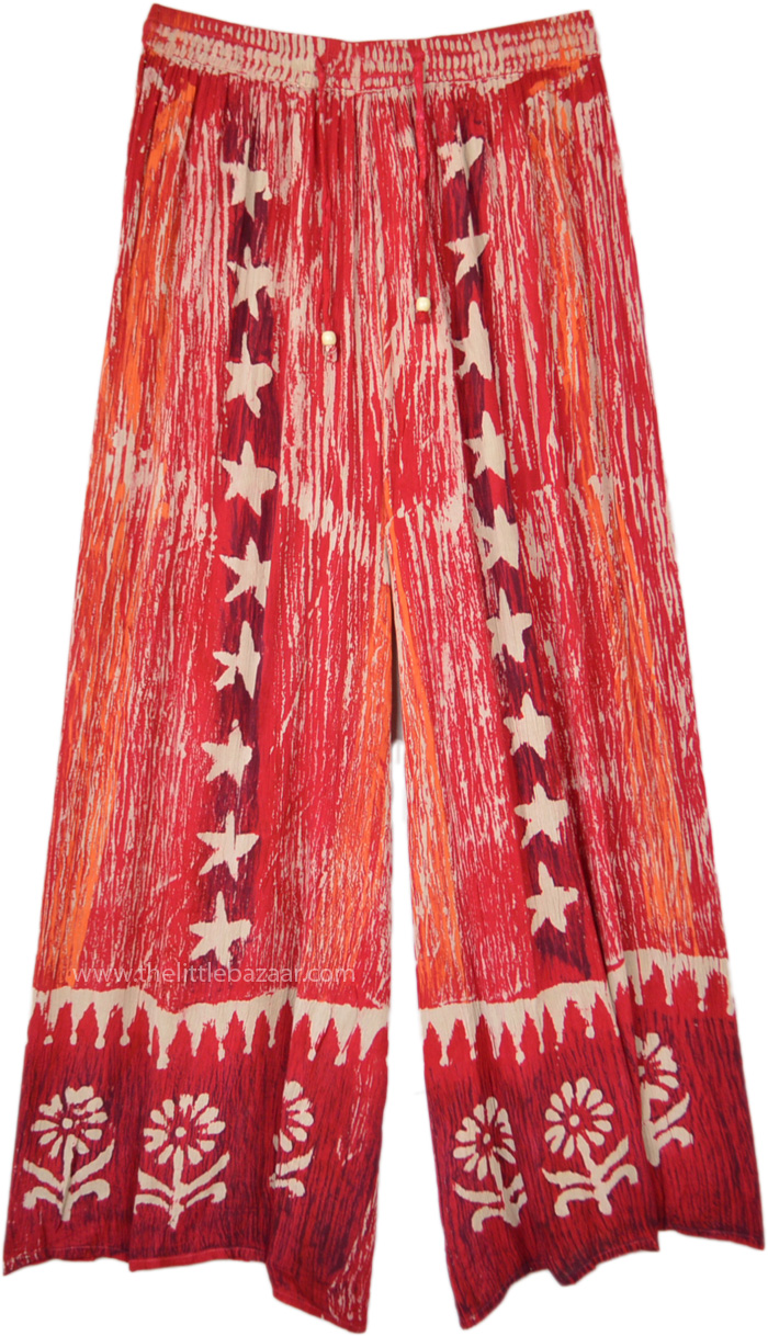 Star Print Hippie Wide Leg Long Rayon Pants | Pink | Split-Skirts-Pants ...