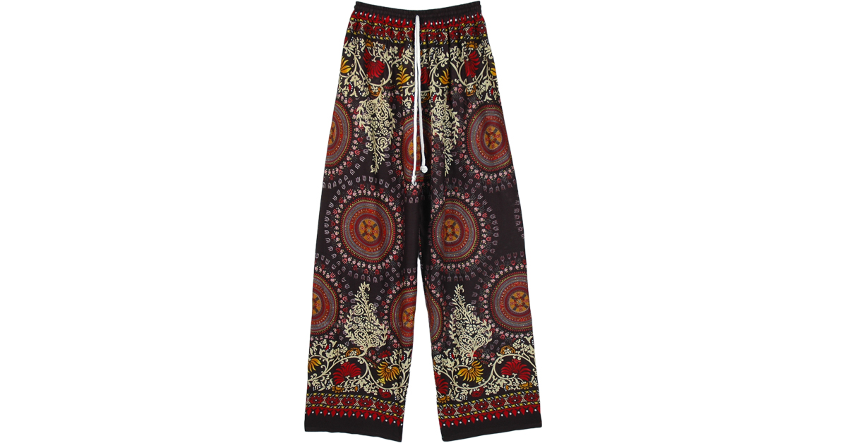 Boho Floral and Mandala Printed Wide Leg Rayon Pants | Purple | Split ...