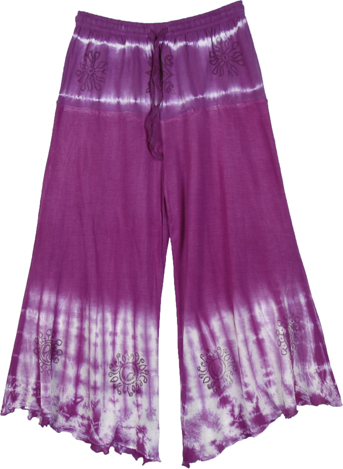 Indian Hippie Tie Dye Capri Pants in Purple and White, Purple Boho Tie Dye Capri in Jersey Cotton