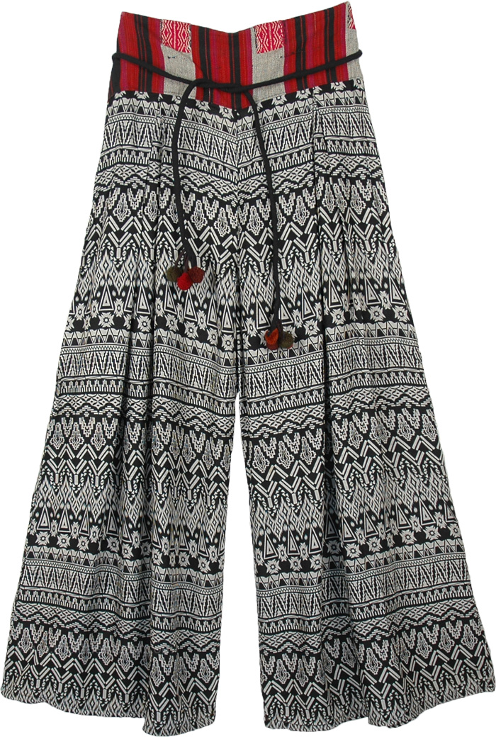 Monochrome Split Skirt Tribal Pants with Box Pleats, Flared Printed Palazzo Boho Pants with Box Pleats