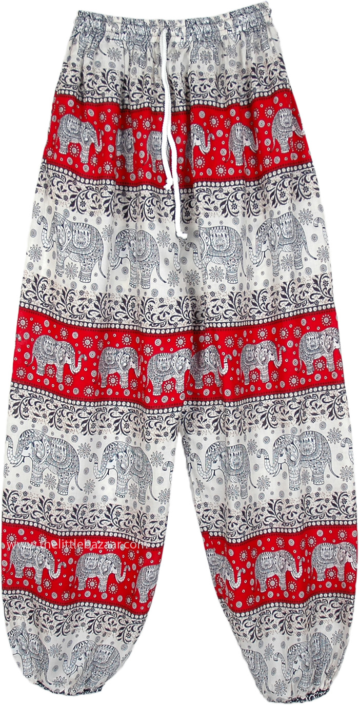 Red Elephant Print Harem Pants with Elastic Bottom, Off-White