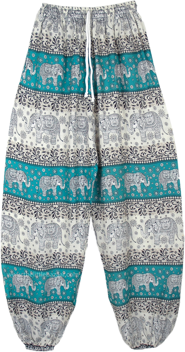 Thai Elephant and Floral Green Print Boho Harem Off White, Bahamas Green Elephant Parade Elastic Bottom Pants
