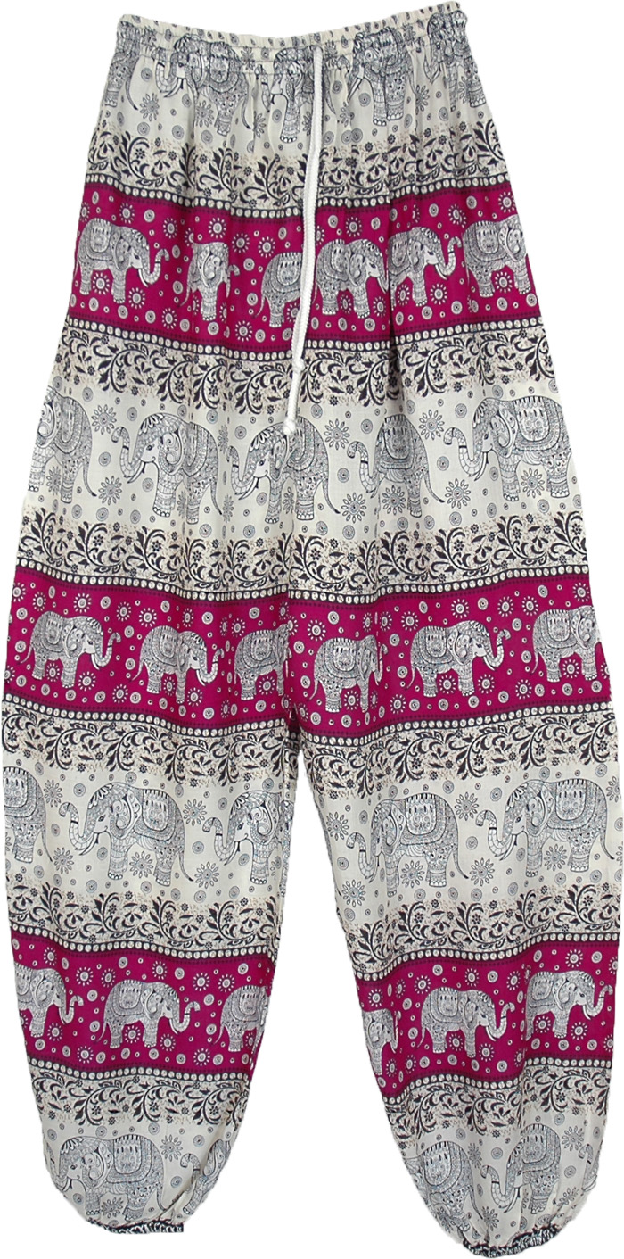 Thai Elephant Hippie Harem Pants in White and Purple, Hippie Harem Pants in White Purple with Elastic Bottom