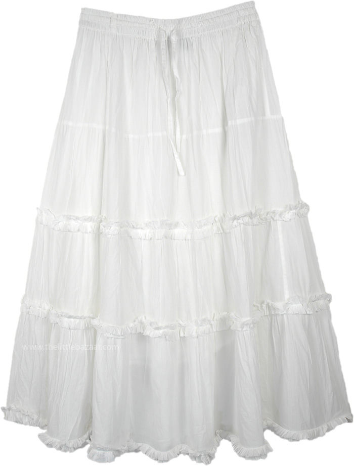 Tiered White Skirt in Pure Cotton with Crinkle, White Bliss Tiered Cotton Skirt with Crinkle