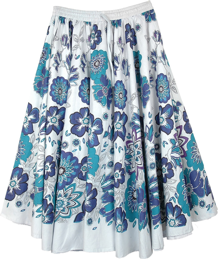 Santorini White Flared Cotton Skirt in Blue Florals