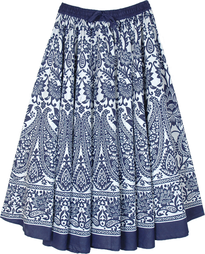 Boho Cotton Skirt in Blue and White with Paisley Print, Blue Paisley and White Mid Length Printed Cotton Skirt