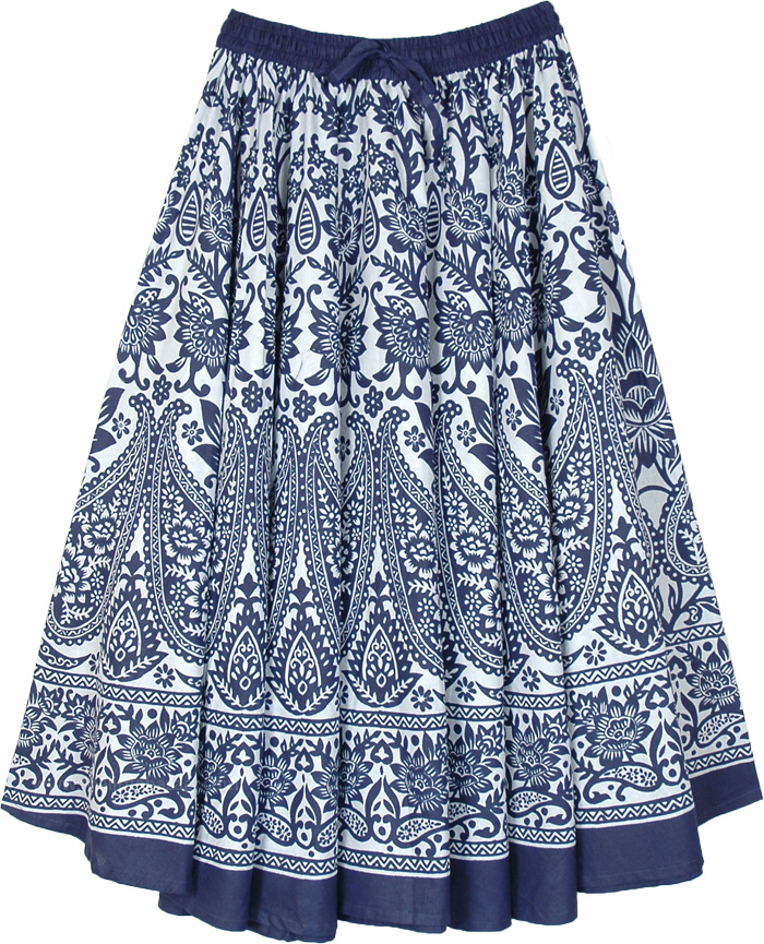 Blue Paisley and White Mid Length Printed Cotton Skirt