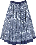 Boho Cotton Skirt in Blue and White with Paisley Print [7501]
