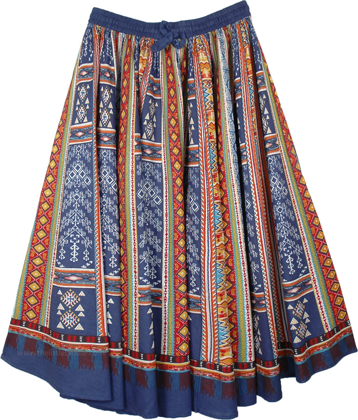 Cobalt Blue Circular Volume Skirt in Printed Cotton, Blue Grace Full Circular Cotton Skirt with Aztec Print