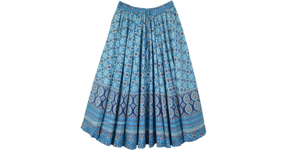Sky Blue Flared Boho Printed Cotton Skirt | Blue | Junior-Petite ...