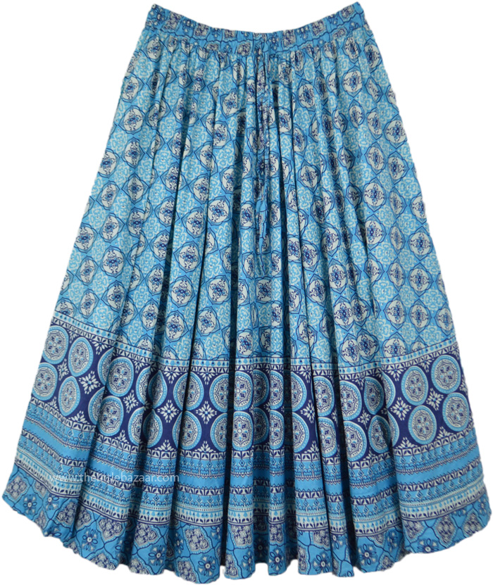 Blue Chic Bohemian Floral Mid Length Skirt, Sky Blue Flared Boho Printed Cotton Skirt