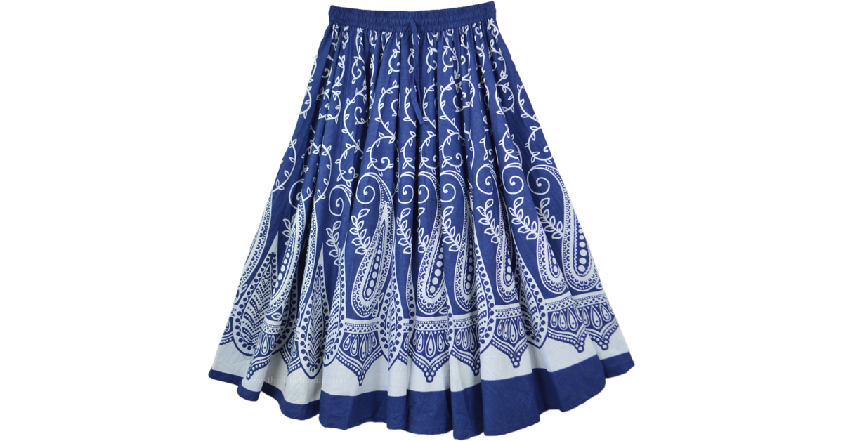 White Blue Paisley Print Midi Length Cotton Skirt | Blue | Junior ...