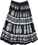 Bohemian Black Skirt with White Floral Prints [7507]