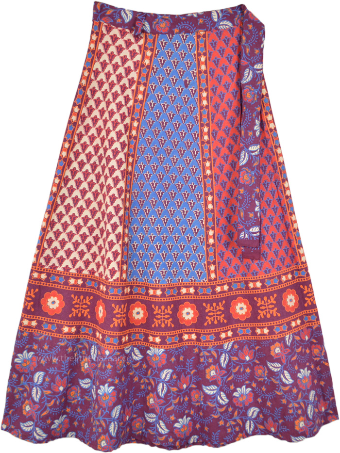 Ethnic Floral Blue Orange Boho Wrap Skirt in Cotton