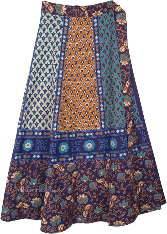 Ethnic Floral Blue Brown Boho Cotton Wrap Skirt