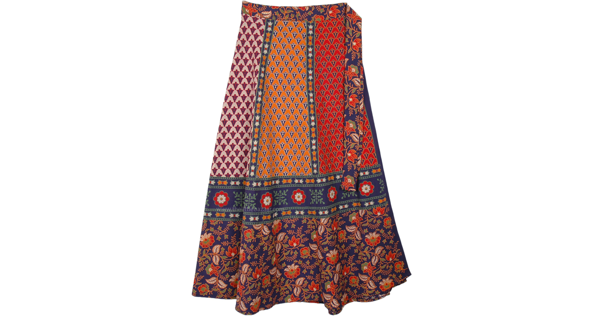 Ethnic Floral Blue Orange Cotton Wrap Skirt | Blue | Wrap-Around-Skirt ...
