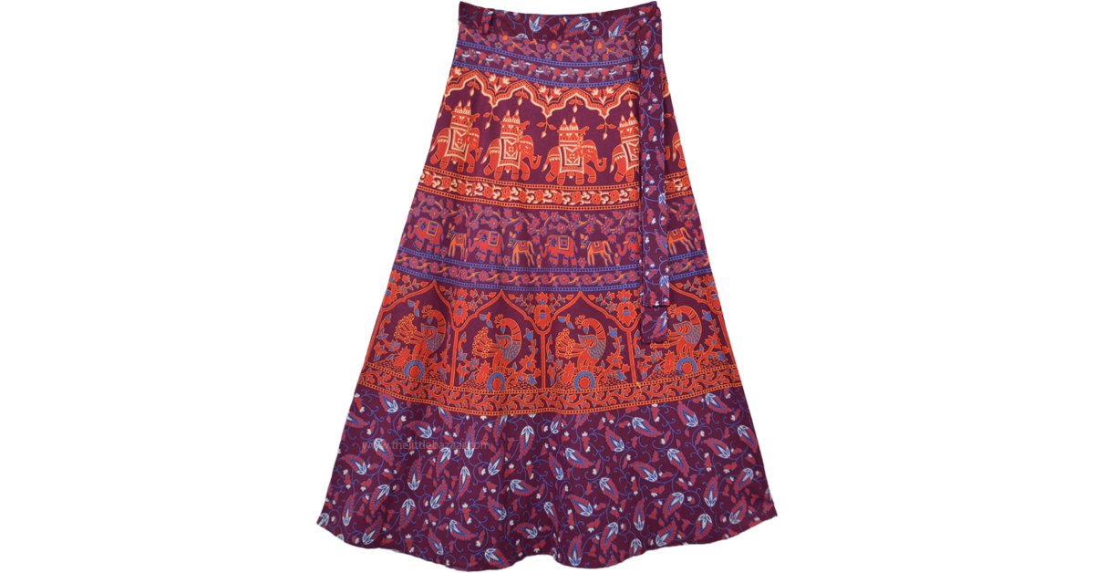 Deep Purple Wrap Skirt with Printed Traditional Motifs | Purple | Wrap ...