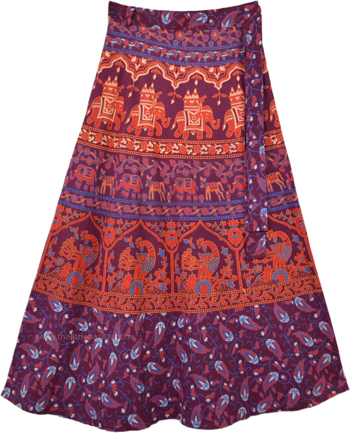Deep Purple Wrap Skirt with Printed Traditional Motifs